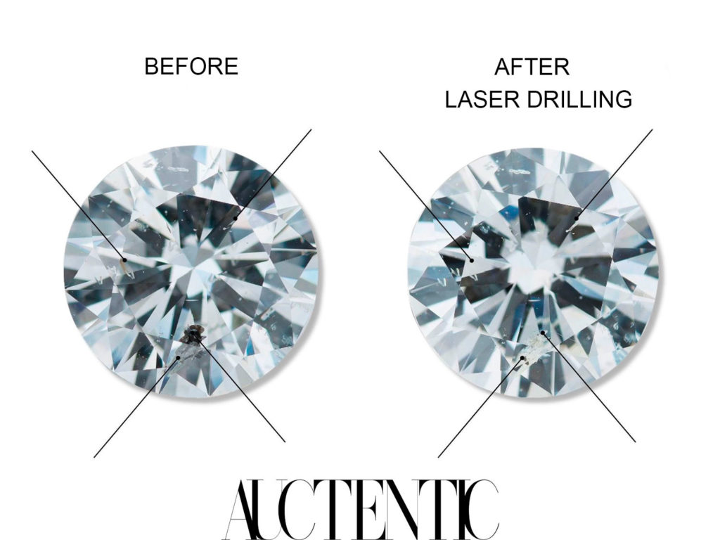 example of laser drilling on a diamond before and after